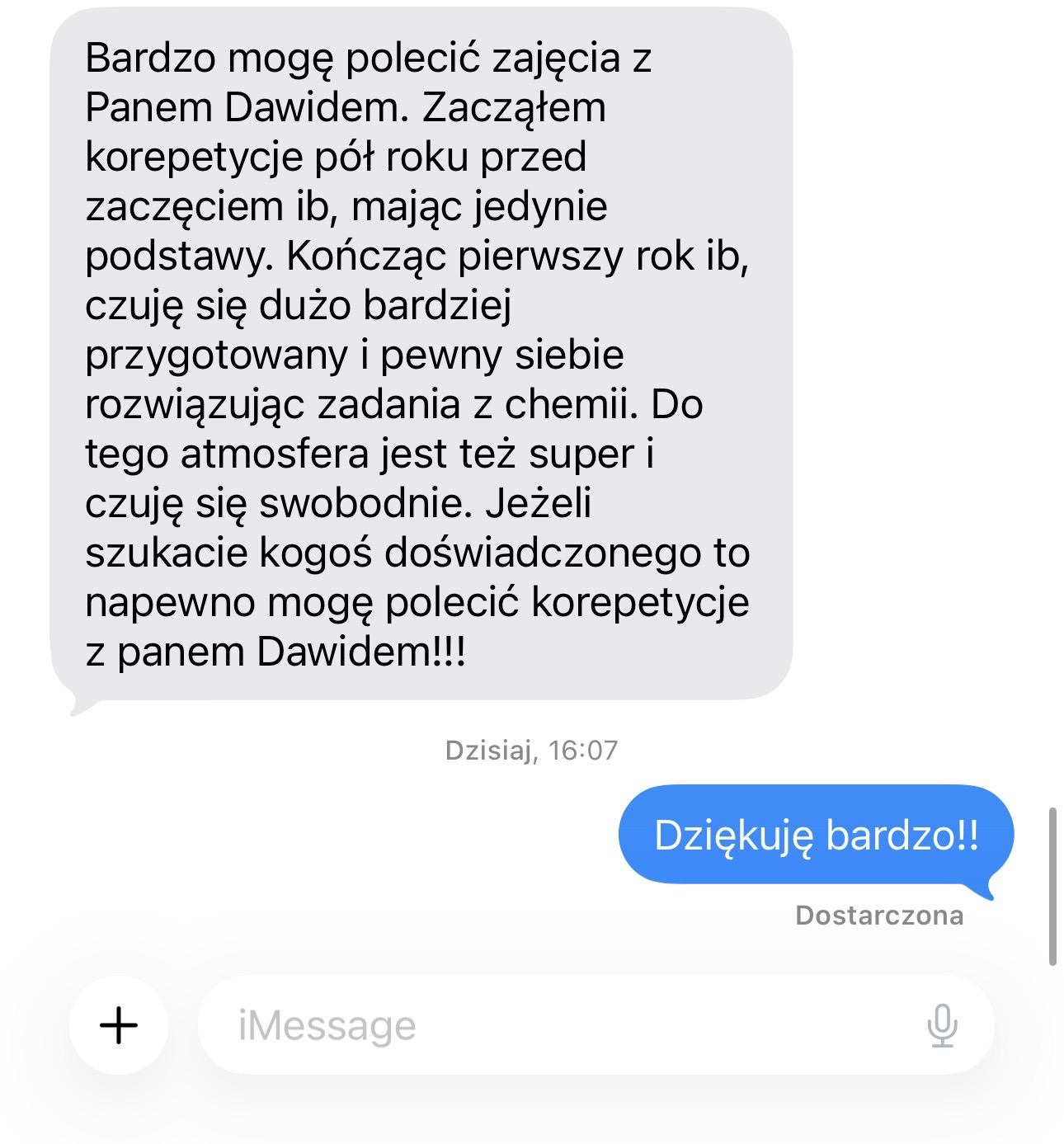 Opinia ucznia o korepetycjach z chemii w trakcie pierwszego roku IB