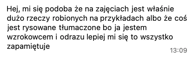Podoba mi się, że na zajęciach jest dużo rzeczy robionych na przykładach albo że coś jest rysowane i tłumaczone, bo jestem wzrokowcem i od razu lepiej to zapamiętuję.